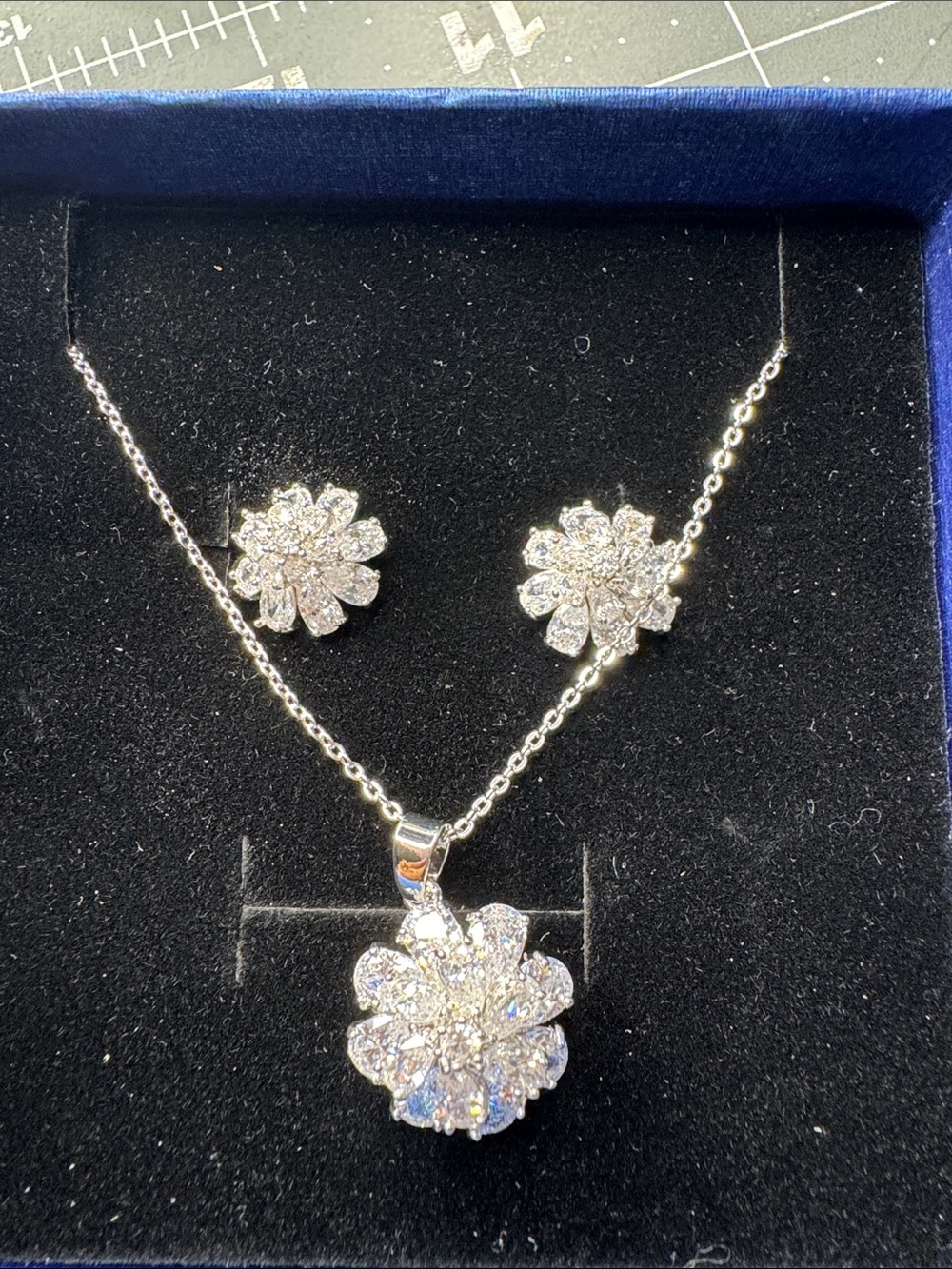 Silver-Tone Crystal Floral Necklace & Earring Set - Sparkling White